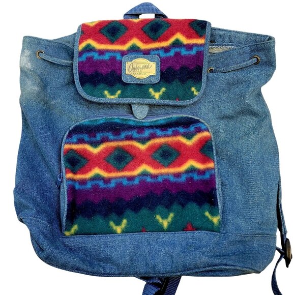Arizona Jean Vintage 90s Denim Backpack Large Bag Purse Women Southwestern - Picture 1 of 16